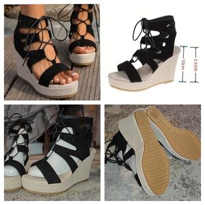 2for30✨ Lace ups Faux Suede Platform wedge black & Cream gladiator sandal NWT
